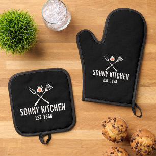 Lustige BBQ Personalisierte Barbecue-Küche Esszimm Ofenhandschuh & Topflappen-Set