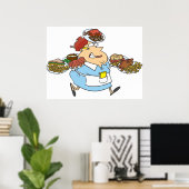Lustige beschäftigte Kellnerin überarbeiteter Serv Poster (Heimbüro)