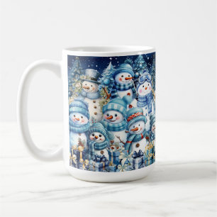 Lustige blaue Aquarell-Schneemannfamilie Kaffeetasse