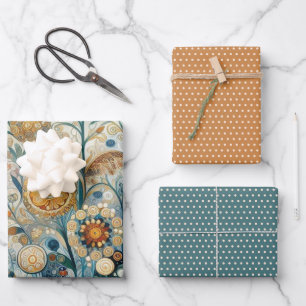 Lustige bunte abstrakte Schneeflocken Blumengestal Geschenkpapier Set