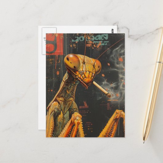 Lustige Bunte Rauchende Gottesanbeterin Surreal Postkarte (Vorderseite/Rückseite Beispiel)