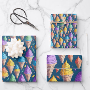 Lustige Bunte Regenbogen-Eiscreme-Tüten Sommer-Geb Geschenkpapier Set