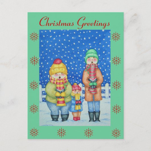 lustige Carolsänger im Schneeschuhdesign Feiertagspostkarte (Vorderseite)