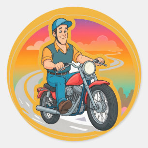 🏍️ Lustige Cartoon-Biker fahren Motorrad Spaß  Runder Aufkleber
