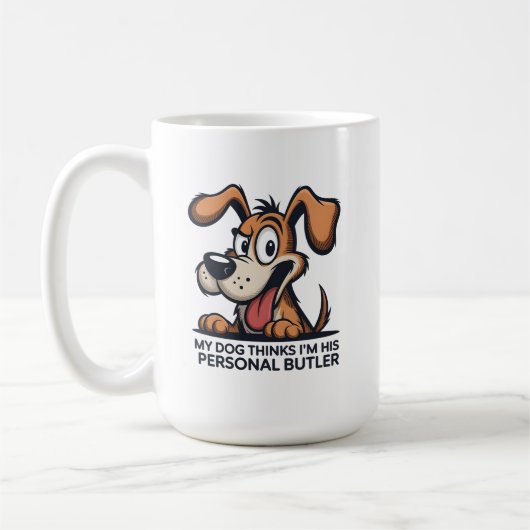 Lustige Cartoon-Hund-Butler-Zitat Kaffeetasse (Links)