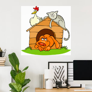 Lustige Cartoon-Hund Katze und Huhn auf Hundehütte Poster