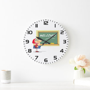 Lustige Cartoon-Lehrerin Willkommen zurück in der  Große Wanduhr