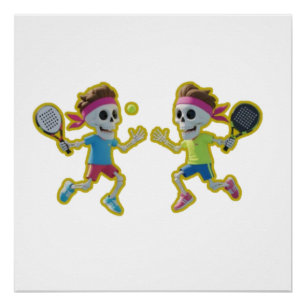 Lustige Cartoon-Skelette beim Padel-Tennis – 3D Poster