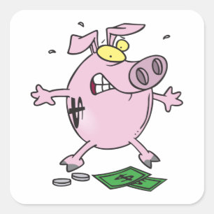 Lustige Cartoon-Sparkasse verliert Geld Quadratischer Aufkleber