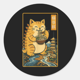 Lustige Catzilla Anime Ramen Japanische Katze Männ Runder Aufkleber
