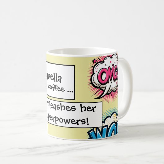 Lustige Comic-Action-Wörter Sprechblasen Kaffeetasse (VorderseiteRechts)