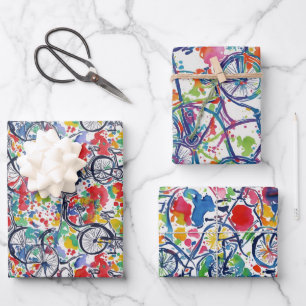 Lustige coole Farbskizze Fahrrad Aquarellmuster Geschenkpapier Set