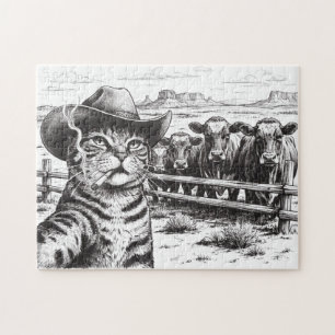 Lustige Cowboy-Katze Selfie Western-Rinder-Ranch-K Puzzle