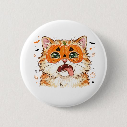 Lustige Derpy Halloween-Katze mit Kürbis-Gesichtsb Button (Vorderseite)
