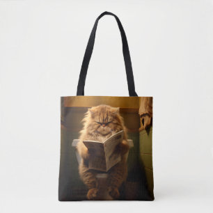 Lustige dicke Katze liest Zeitung auf der Toilette Tasche