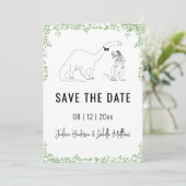 Lustige Dinosaurier-Hochzeit Grün Save The Date (Stehend Vorderseite)