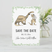 Lustige Dinosaurier-Hochzeit Grün Save The Date (Stehend Vorderseite)