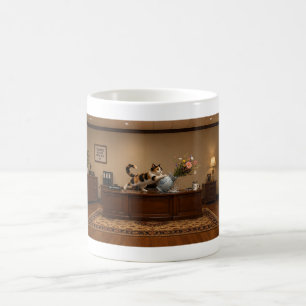 Lustige Dreifarbenkatze wirft eine Vase um Chaos Kaffeetasse