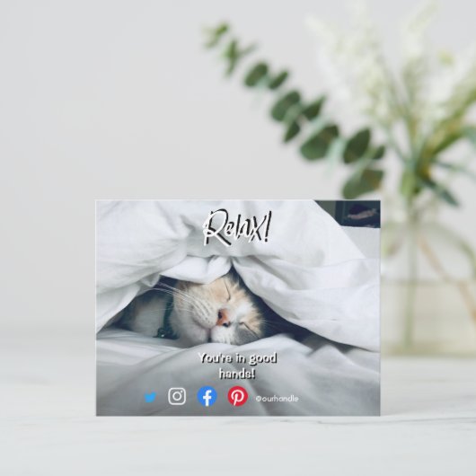 lustige echte Anwesen Postkarte entspannte Katze (Stehend Vorderseite)