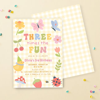 Lustige farbenfrohe Gingham-Girl-Einladung zum 3.  Einladung