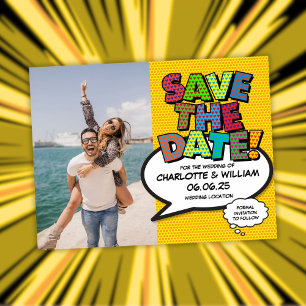 Lustige farbenfrohe Hochzeit Save The Date Foto  Ankündigungspostkarte