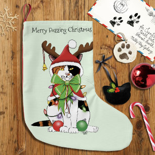 Lustige Festliche Grüne Calico-Weihnachtskatze Kleiner Weihnachtsstrumpf