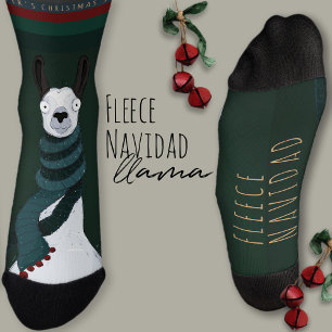 Lustige Festtags-“Fleece Navidad”-Pun-Llama-Grün Socken