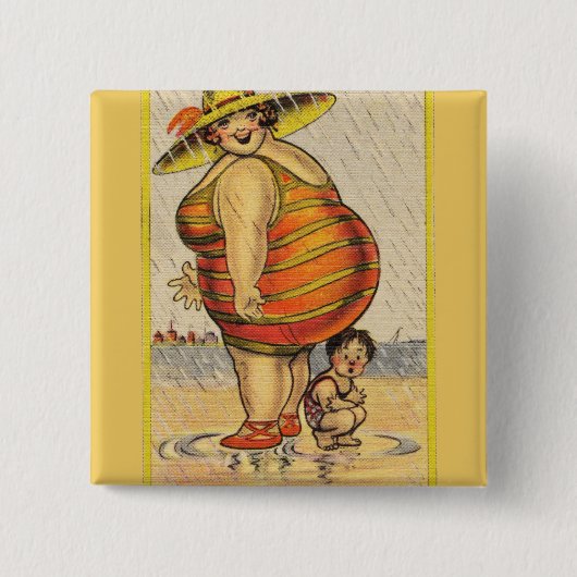 Lustige fette Dame am Strand Button (Vorderseite)