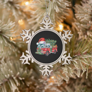 Lustige Feuerwehr Santa Hut Weihnachtsbaumlichter Schneeflocken Zinn-Ornament