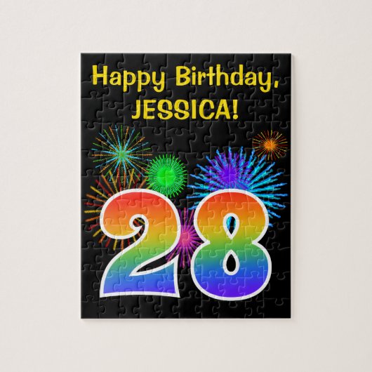 Lustige Feuerwerk + Regenbogenmuster "28" Geburtst Puzzle (Vertikal)