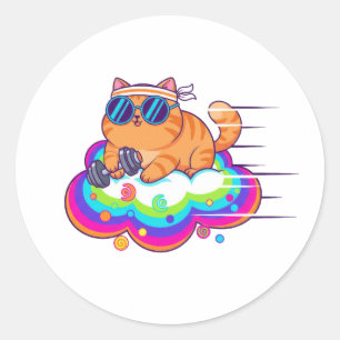 Lustige Fitnesskatze hebt Hantel auf Regenbogenwol Runder Aufkleber