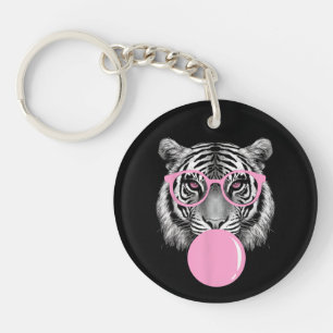 Lustige Frauen-Tigerbrille & Rosa Bubble Gum Anim Schlüsselanhänger