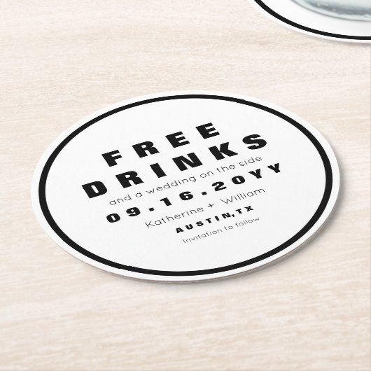 Lustige freie Schwarzweiss-Getränke Save the Date Runder Pappuntersetzer (Angewinkelt)