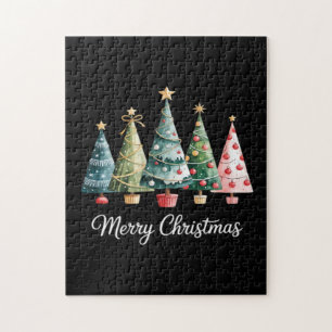 Lustige Fröhliche Weihnachtsbäume Bogen Santa Fami Puzzle
