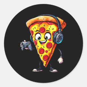 Lustige Gamer-Pizza-Essen-Videospiel-Männer-Jungen Runder Aufkleber
