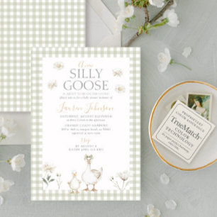 Lustige Gans Whimsical Grün Gingham Babyparty Einladung