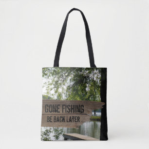 Lustige gegangene fischende hölzerne Sign Tasche