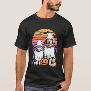 Lustige Geist Katze Hund Halloween Retro Sonnenunt T-Shirt