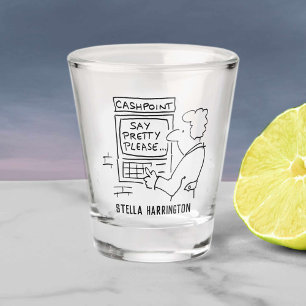 Lustige Geldautomat "Bitte sagen" Cartoon auf eine Schnapsglas