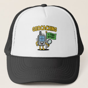 Lustige Geocaching-GPS-Cartoon mit Flagge und Lupe Truckerkappe