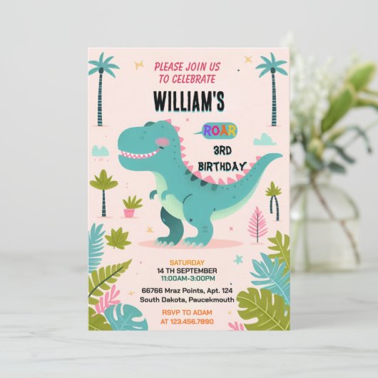 lustige Girl-Kinder niedlich Jungs T drei 3 rex 3 Einladung (Stehend Vorderseite)