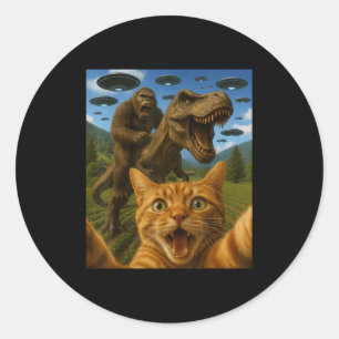 Lustige Grafik Katzen-Selfie mit Bigfoot auf T-Rex Runder Aufkleber