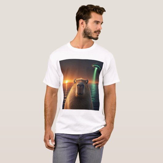 lustige grafische Capybara Selfie mit UFO komisch T-Shirt (Vorne ganz)
