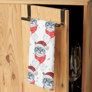 Lustige Graue Tabby-Katze mit Weihnachtsmannmütze Geschirrtuch