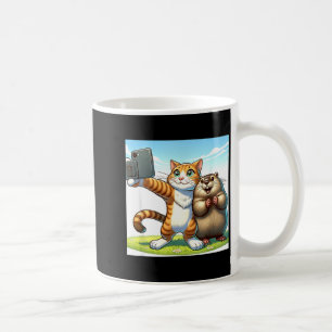 Lustige Groundhog Day-Katze macht Selfie mit Murme Kaffeetasse