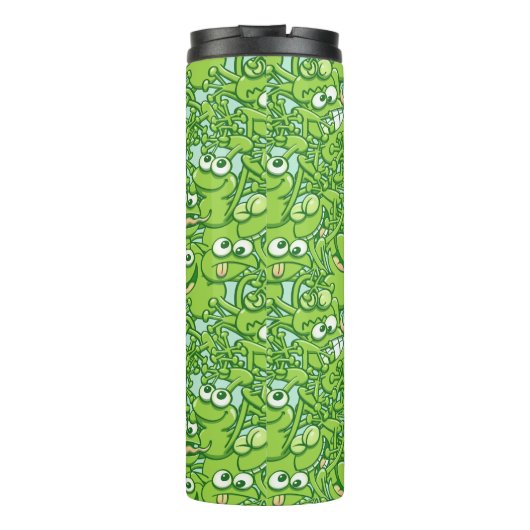 Lustige grüne Frösche verwickelt in einem Thermosbecher (Rückseite)