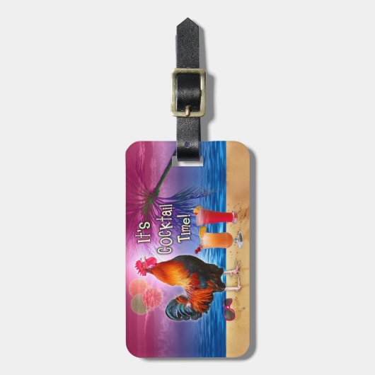 Lustige Hahn-Huhn-Cocktail-tropisches Strand-Meer Gepäckanhänger (Vorderseite vertikal)