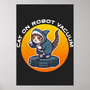 Lustige Haikatze Auf Roboter-Staubsauger Retro-Mem Poster
