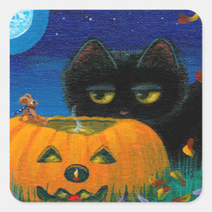 Lustige Halloween Herbst Katze Maus Kunst Creation Quadratischer Aufkleber