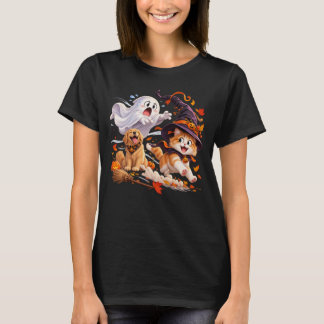 Lustige Halloween-Katze jagt Hexenhut-Geist-Hund-K T-Shirt